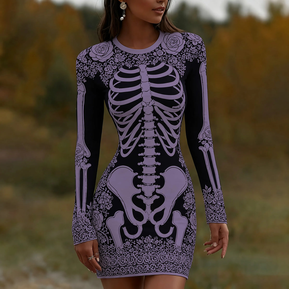 Women's Vintage Halloween Skeleton Bones With Rose Art  Mini Dress