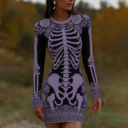 Women's Vintage Halloween Skeleton Bones With Rose Art  Mini Dress
