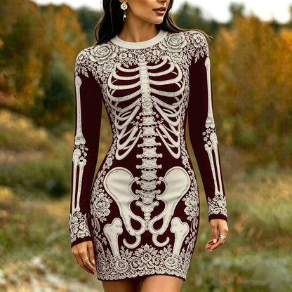 Women's Gothic Skeleton White Rose Art Print Bodycon Mini Dress