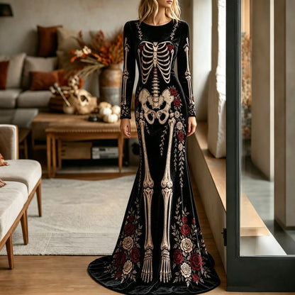 Women's Halloween Gothic Style Gothic Skeleton & Floral Pattern Velvet Long Dress