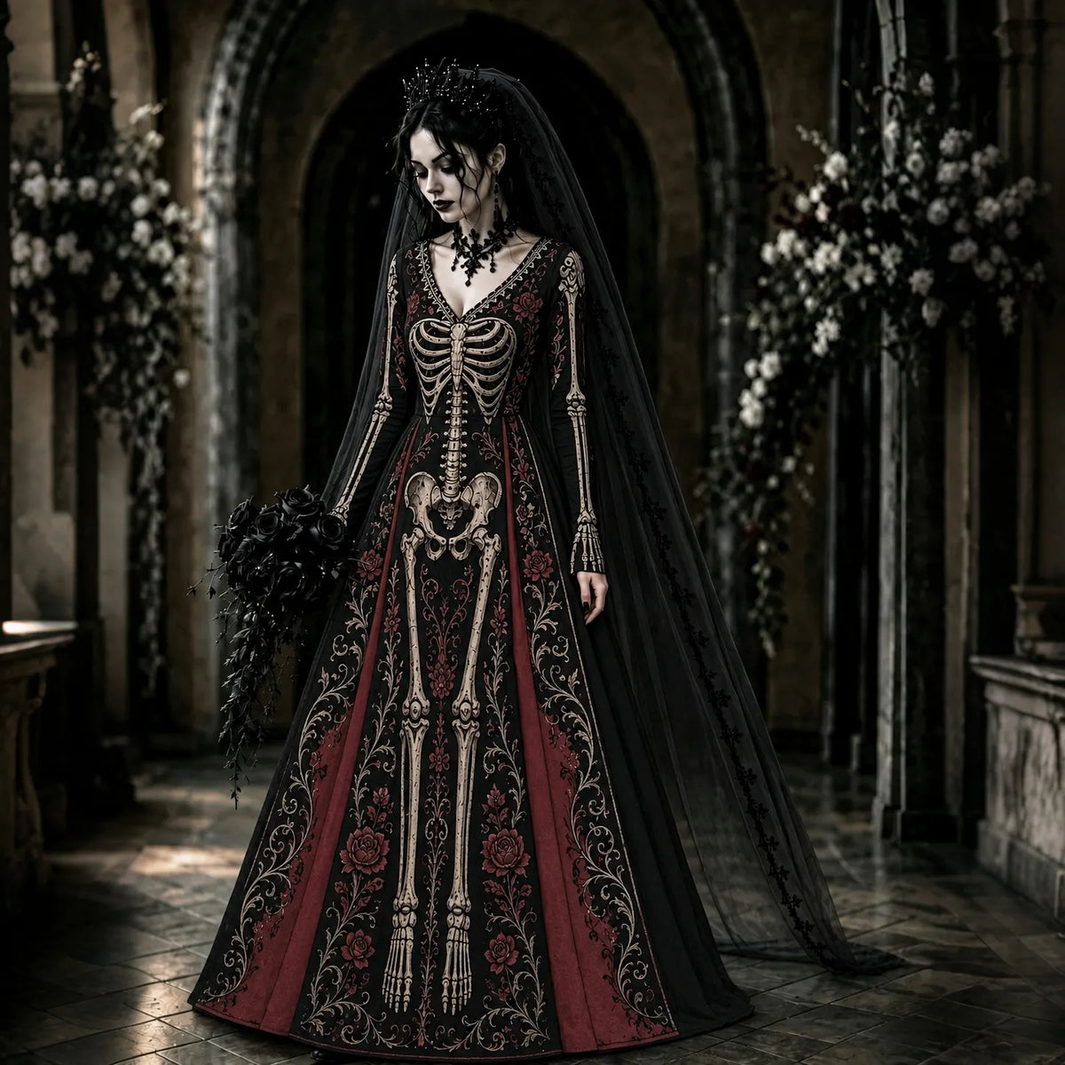 Women's Retro Halloween Gothic Skeleton Rose Floral Art V-neck Maxi Dress
