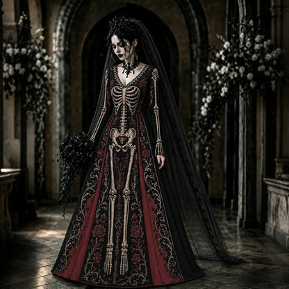 Women's Retro Halloween Gothic Skeleton Rose Floral Art V-neck Maxi Dress