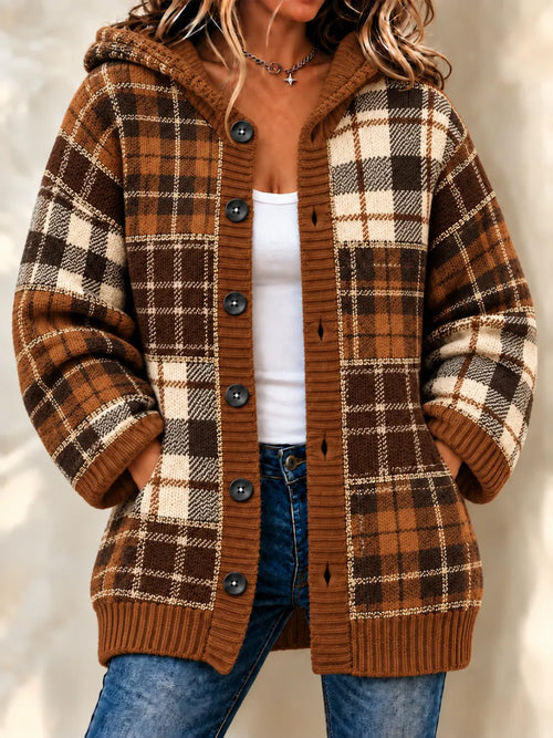 Women'S Grid Casual Hooded Long Cardigan