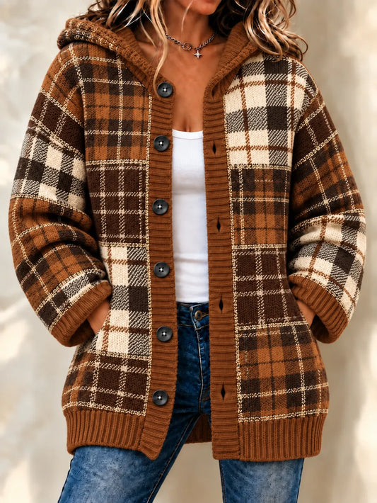 Women'S Grid Casual Hooded Long Cardigan