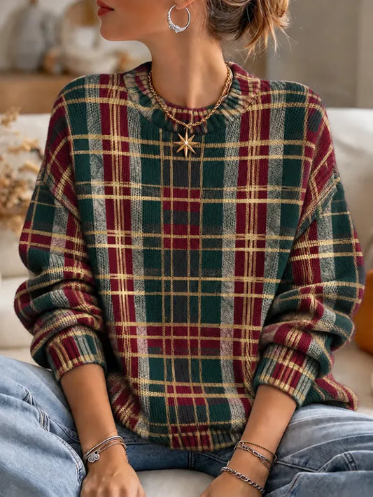 ✨Early Bird Christmas | Buy 3, Get 20% Off the Lowest-Priced Item✨Women'S Christmas Plaid Art Pattern Comfortable Crew Neck Knit Sweatshirt