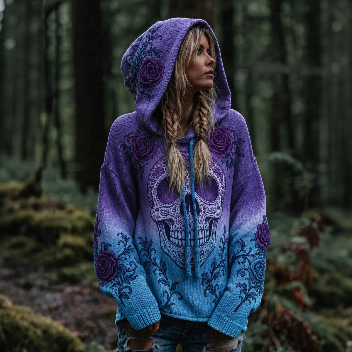 Women's Vintage Viking Skull And Rose Gradient Art Knit Hooded Sweater