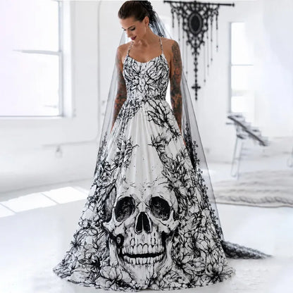 Women's Gothic Halloween Skull Floral Print Strappy Dress