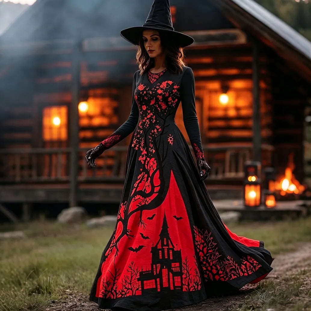 Women's Halloween Gradient Treehouse Design Witch V-neck Maxi Dress