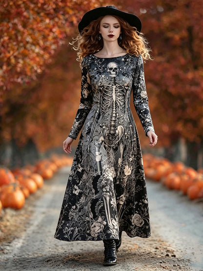 Women's Halloween Gothic Skull Rose Print Casual Flowy Dress