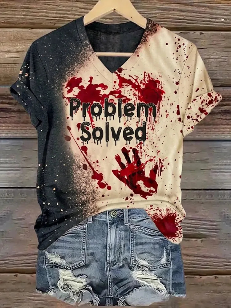 Women's Vintage Bloody Hands With Problem Solved Halloween Art Printed Short Sleeve T-shirt