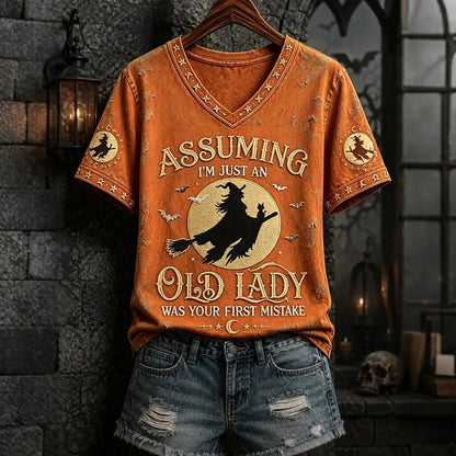 Assuming I'm Just An Old Lady Women's Halloween Print Pattern Casual V-neck T-shirt
