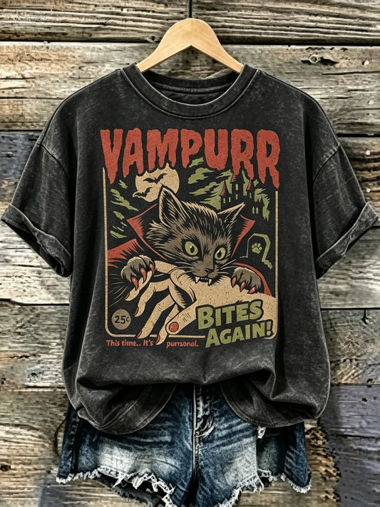Abstract Creative Retro Halloween Vampire Cat Art Casual T-shirt