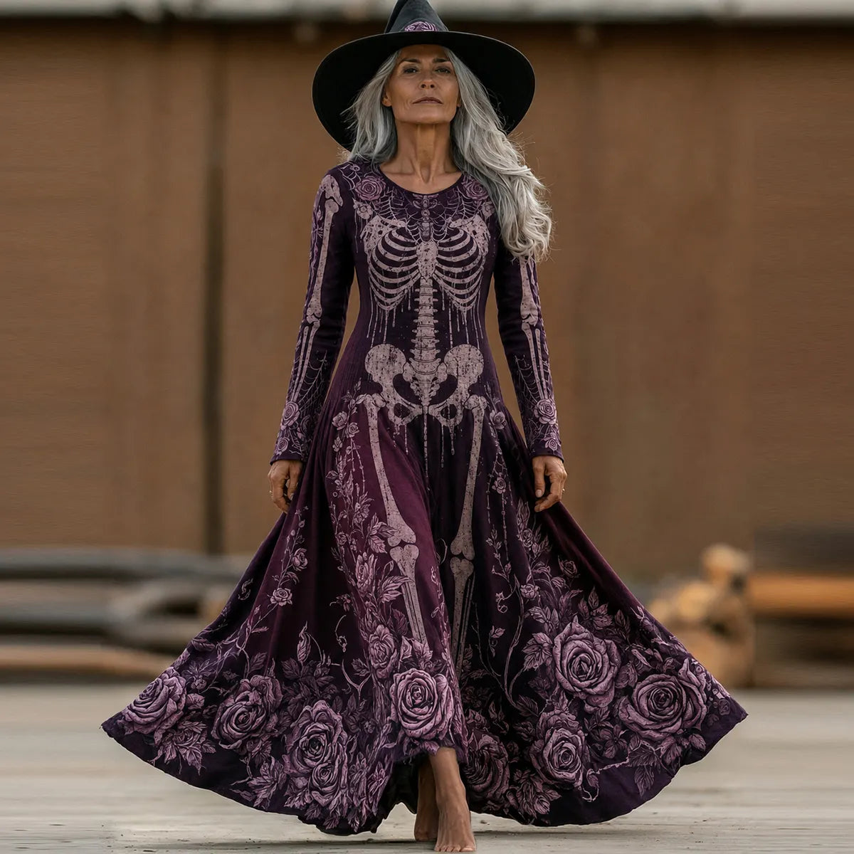 Women's Retro Halloween Skeleton Line And Floral Pattern Crew Neck Dress