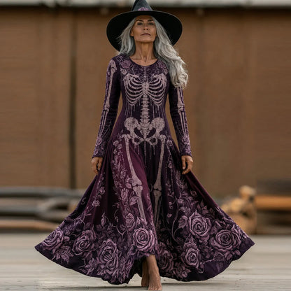 Women's Retro Halloween Skeleton Line And Floral Pattern Crew Neck Dress