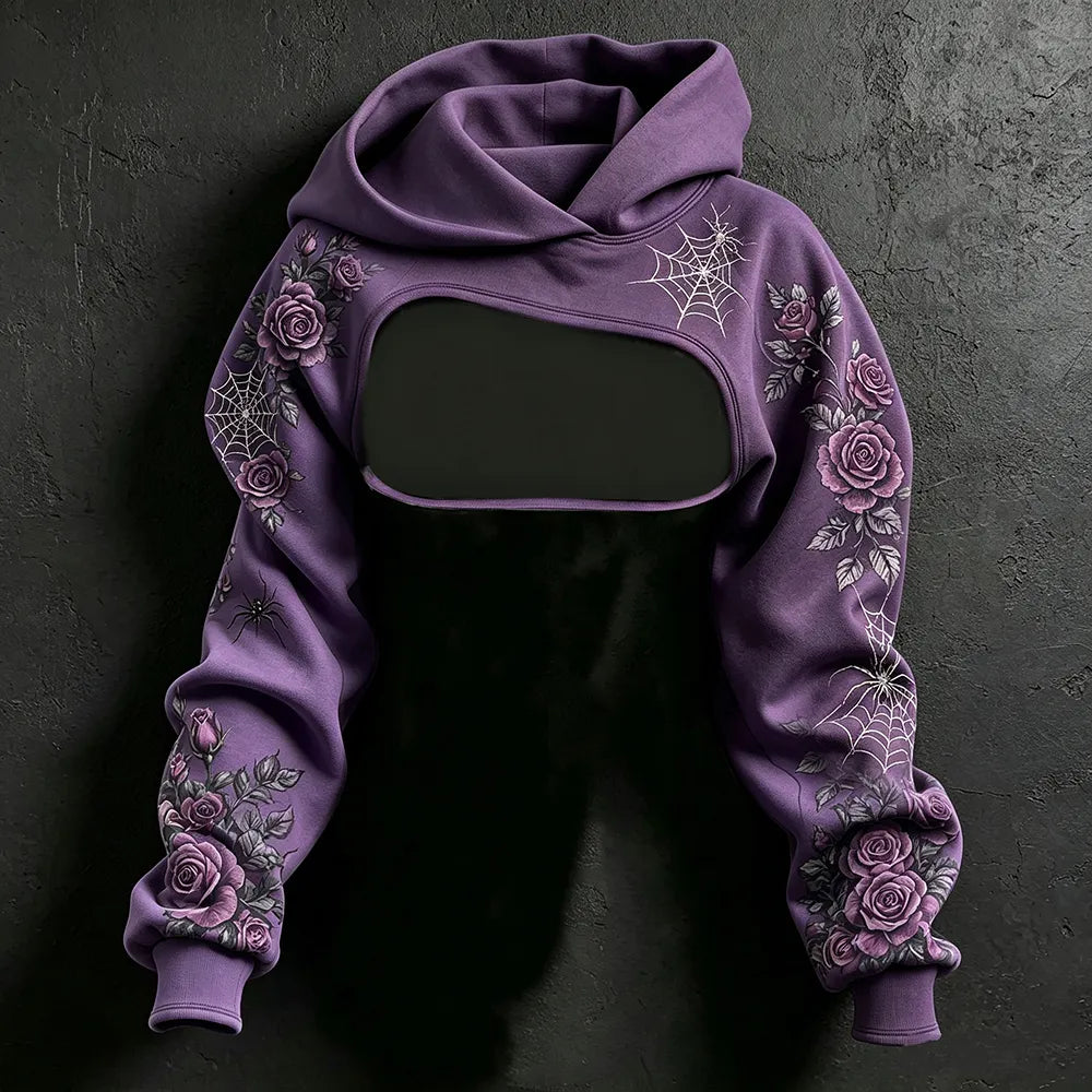 Women's Halloween Rose Skeleton Spider Web Hoodie Two-piece Set