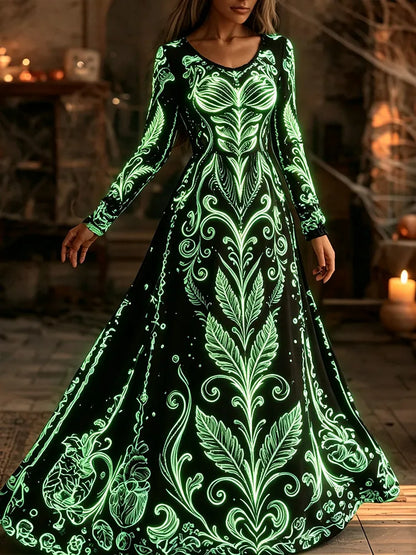 Women's Halloween Vintage Fluorescent Human Skeleton Art Velvet Crew Neck Dress