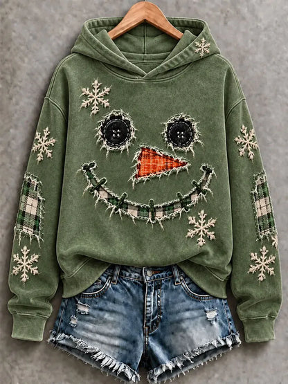 Cute Snowman Face Button & Plaid Patchwork Blue Distressed Hoodie