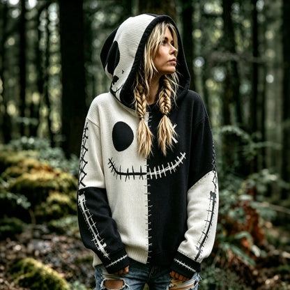 Women's Retro Halloween Scary Smiley Face Color Block Knitted Hooded Sweater