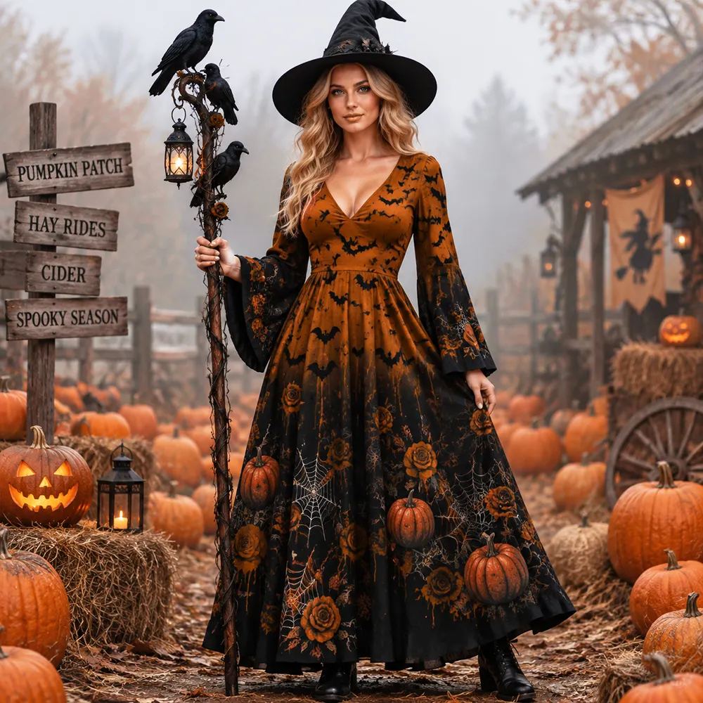 Women's Halloween Cosplay Maxi Dress - Spooky Jack-o'-lanterns, Roses And Spider Webs Print Flowy Dress