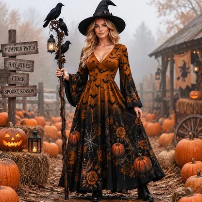 Women's Halloween Cosplay Maxi Dress - Spooky Jack-o'-lanterns, Roses And Spider Webs Print Flowy Dress