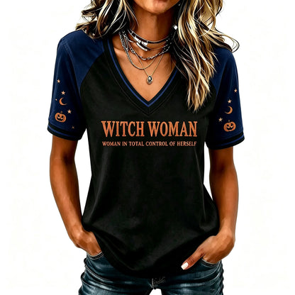 Women's Halloween 'woman In Total Control Of Herself' Printed V-neck Short-sleeved T-shirt