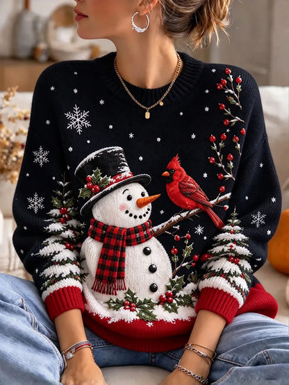 Ladies' Christmas Snowman Pattern Casual Knitted Shirt