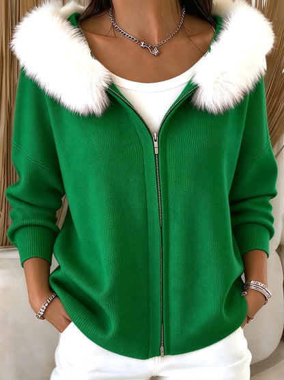 Women’s Christmas-Themed Knitted Zip-Up Cardigan