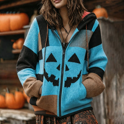 Patchwork Halloween Pumpkin Face Art  Cozy Knit Hooded Cardigan