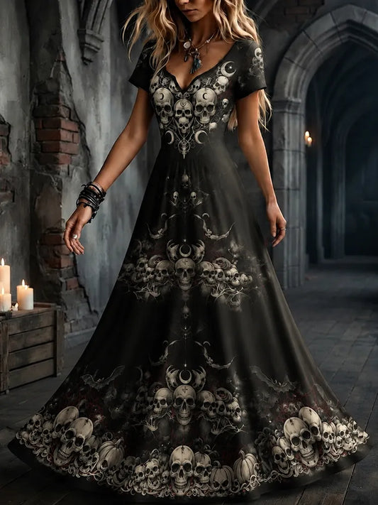 Women's Gothic Skull And Pumpkin Print Tiered Long Sleeve Maxi Dress
