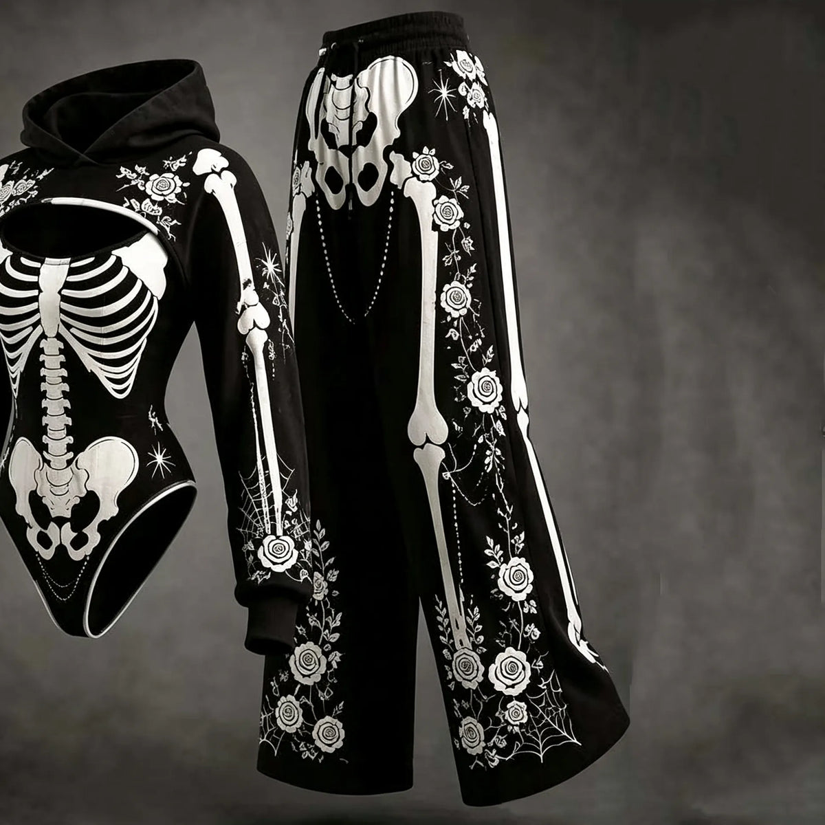Women's Retro Halloween Skeleton Rose Print Hoodie Three-piece Set