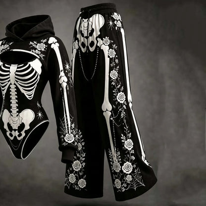 Women's Retro Halloween Skeleton Rose Print Hoodie Three-piece Set