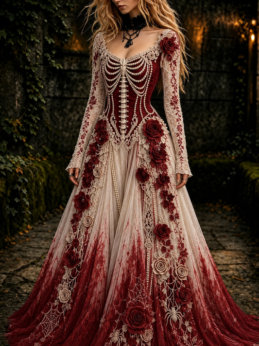 Women's Retro Gothic Skeleton And Rose Pattern Maxi Halloween Dress