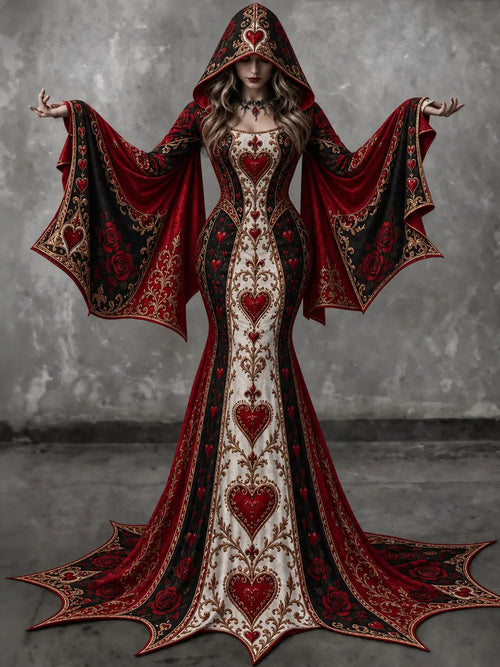 Women's Vintage Red Roses And Heart Batwing Flare Sleeve Round Neck Bodycon Maxi Dress With Hooded – Halloween Costume