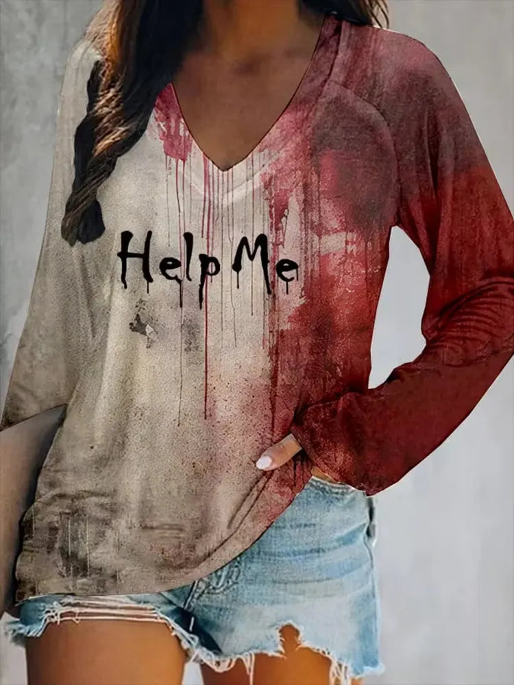 Women's Bloody Help Me Halloween Art Printed Long Sleeve T-shirt