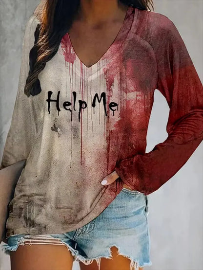 Women's Bloody Help Me Halloween Art Printed Long Sleeve T-shirt