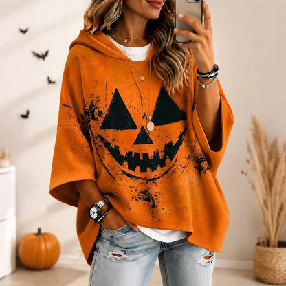 Women's Retro Halloween Emoji Print Loose Hooded Top