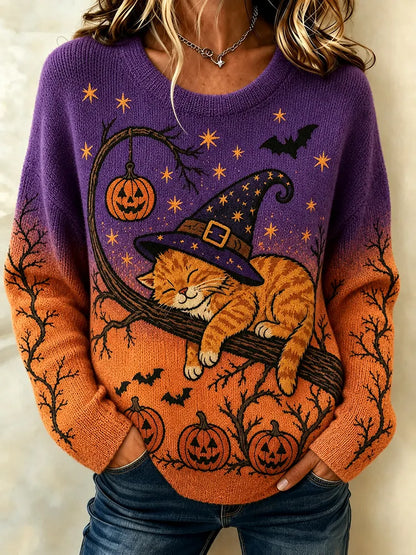 Women's Retro Halloween Lazy Cute Cat Print Cozy Knit Crew Neck Sweater