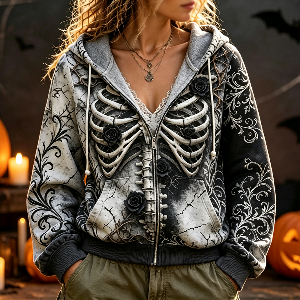 Women's Zip-up Hooded Sweatshirt - Gothic Skeletal Ribcage, Ornamental Vine Scrollwork And Rose Accents Print Outerwear