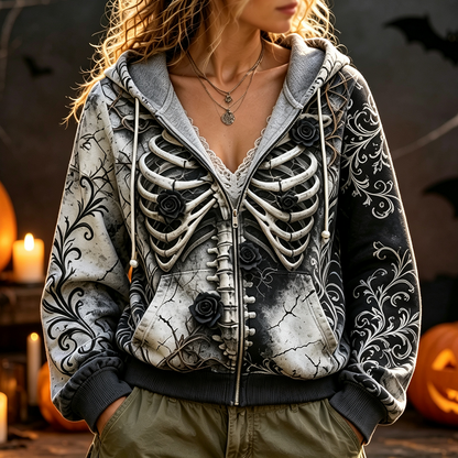 Women's Zip-up Hooded Sweatshirt - Gothic Skeletal Ribcage, Ornamental Vine Scrollwork And Rose Accents Print Outerwear