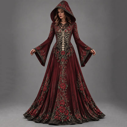 Women's Halloween Gothic Skeleton Floral Design Long-sleeve Hooded Long Dress