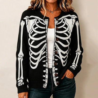 Women's Halloween Skull Graphics Knit Button Cardigan