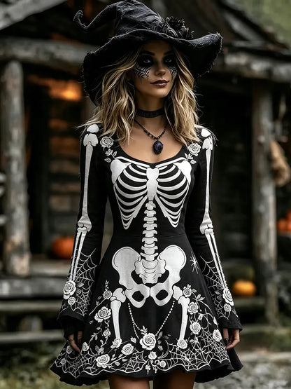 Women's Halloween Skull And Floral Gothic Patterns Art Round-neck Mini Dress