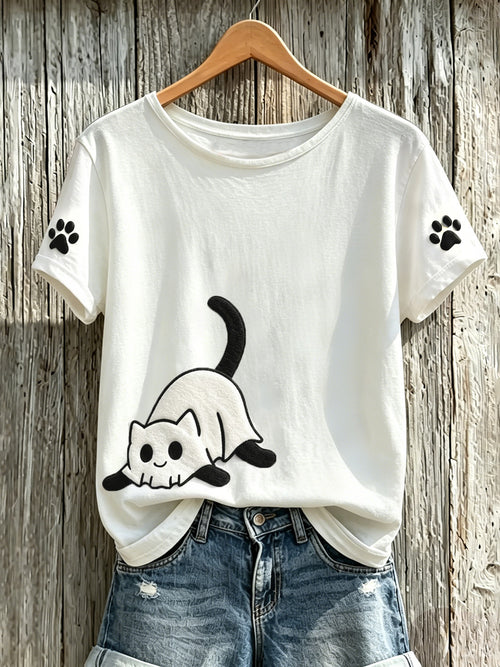 Women's Halloween Cute Ghost Black Cat Pattern Art Print Casual T-shirt