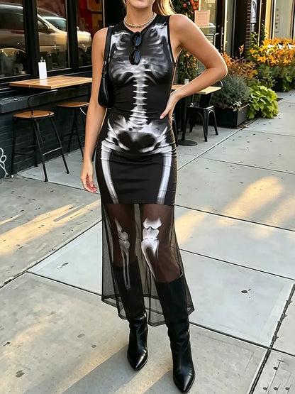 Women's Gothic Skeleton Print Sheer Mesh Bodycon Maxi Dress
