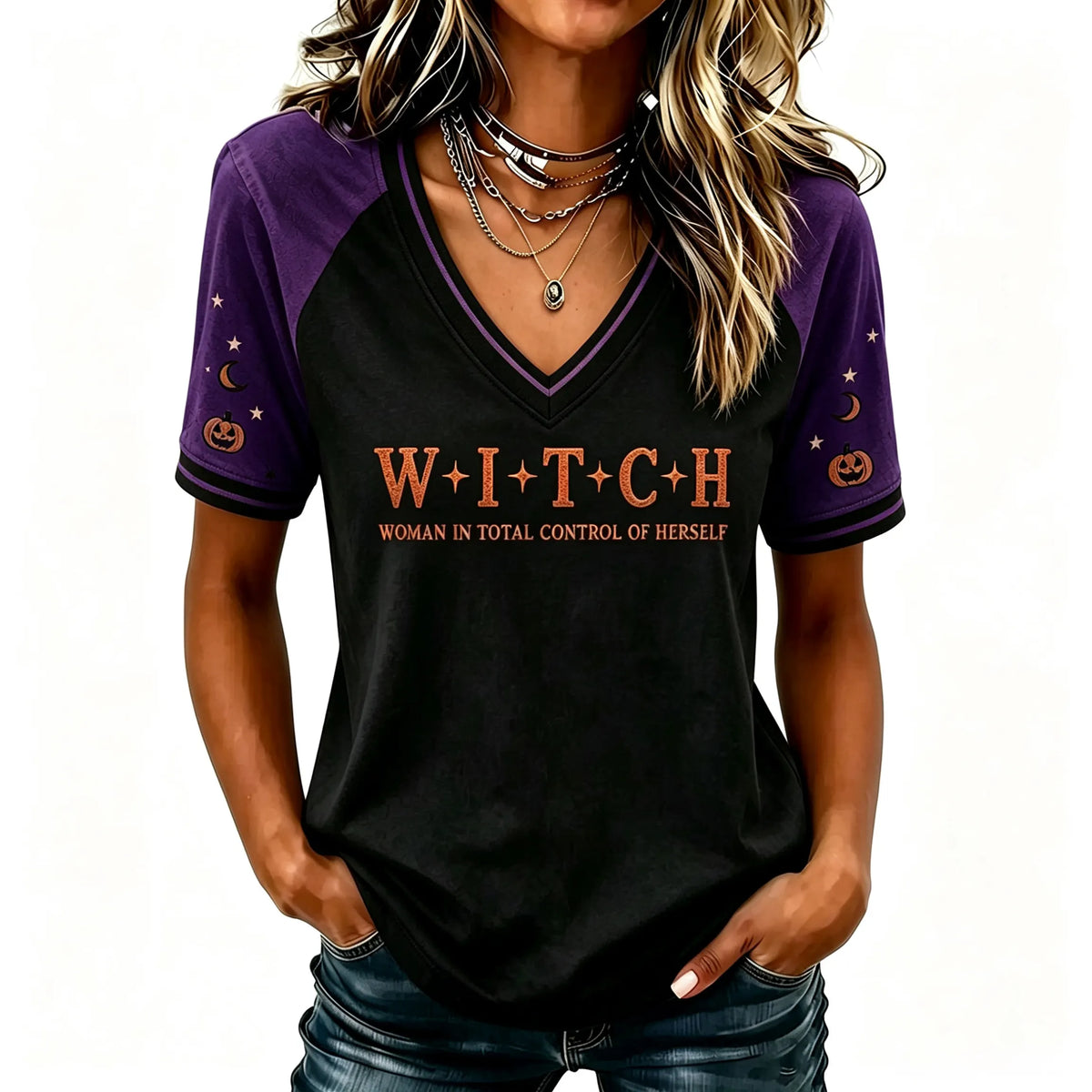 Women's Halloween 'woman In Total Control Of Herself' Printed V-neck Short-sleeved T-shirt