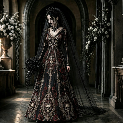 Women's Retro Halloween Gothic Skull And Rose Floral Art V-neck Maxi Dress