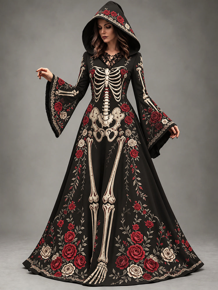 Women's Halloween Gothic Skeleton & Rose Floral Long-sleeve Hooded Long Dress