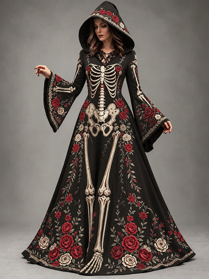 Women's Halloween Gothic Skeleton & Rose Floral Long-sleeve Hooded Long Dress