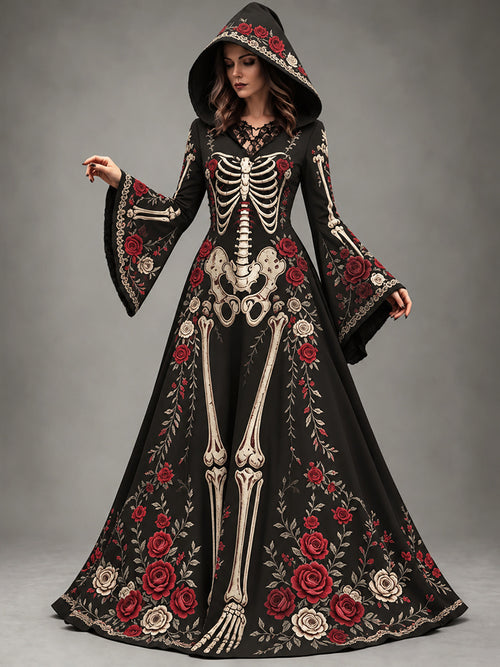 Women's Halloween Gothic Skeleton & Rose Floral Long-sleeve Hooded Long Dress
