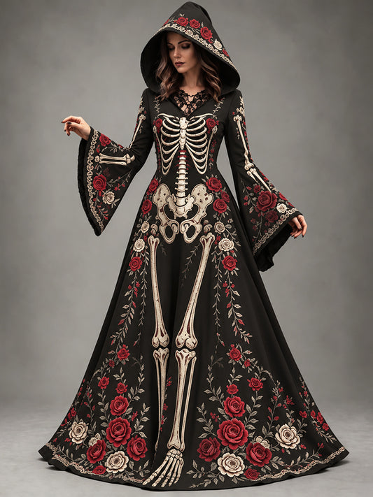 Women's Halloween Gothic Skeleton & Rose Floral Long-sleeve Hooded Long Dress